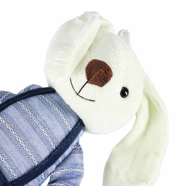 Iepuraș de pluș pentru copii, 36 cm, cu bluziță și pantalonași cu bretele – jucărie de atașament, albastru – imagine 5